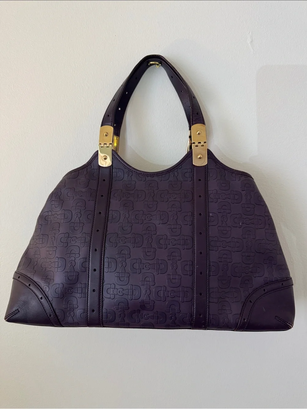 Gucci Vintage Horsebit Monogram Embossed Leather Tote Shoulder Bag Gold Hardware